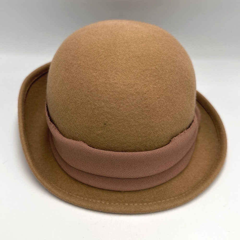 Cloche Hat 100% Wool Felt W/Fabric accent Asymmetrica Brim Womens Camel Retro‎ - Picture 3 of 8